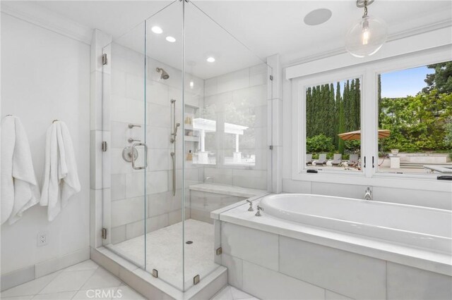 full bathroom featuring a shower stall, a tub, tile patterned floors, recessed lighting, and baseboards