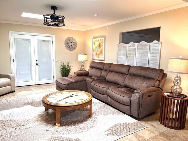 3747 Vista Campana S Unit 7, Oceanside, CA 92057 - living room featuring french doors, crown molding, and light tile patterned floors