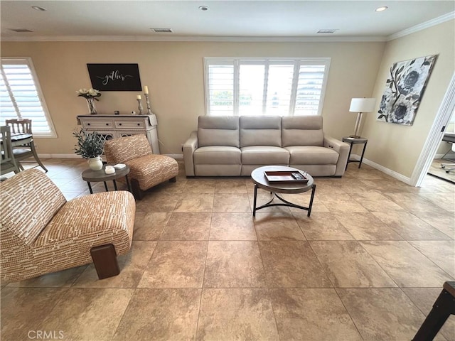 3747 Vista Campana S Unit 7, Oceanside, CA 92057 - living room with baseboards, ornamental molding, tile patterned flooring, and recessed lighting