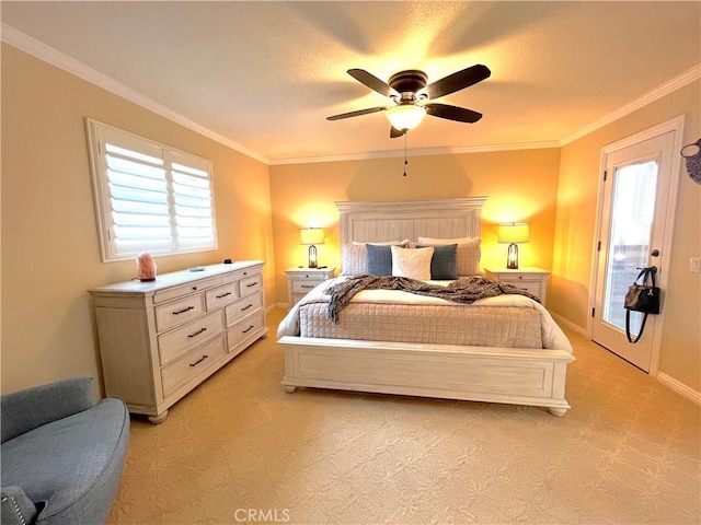 3747 Vista Campana S Unit 7, Oceanside, CA 92057 - bedroom with crown molding, multiple windows, light carpet, a ceiling fan, and baseboards