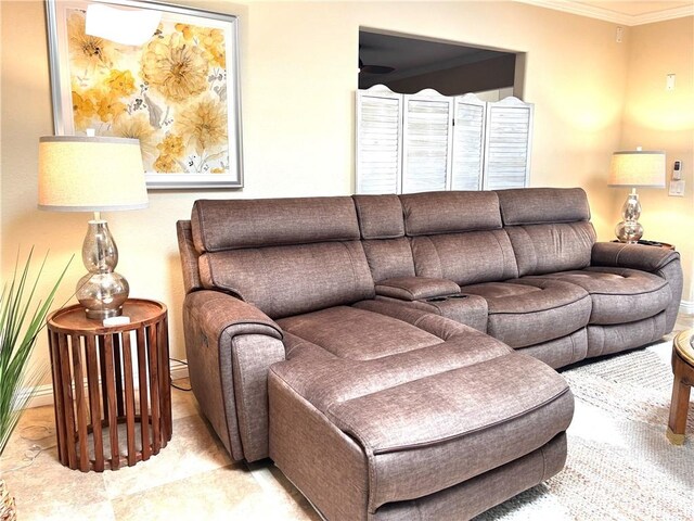 living room with crown molding