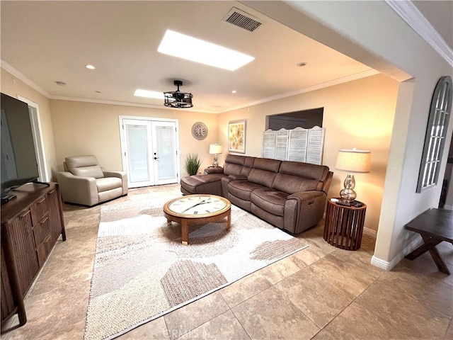 3747 Vista Campana S Unit 7, Oceanside, CA 92057 - living room featuring crown molding, french doors, baseboards, and recessed lighting