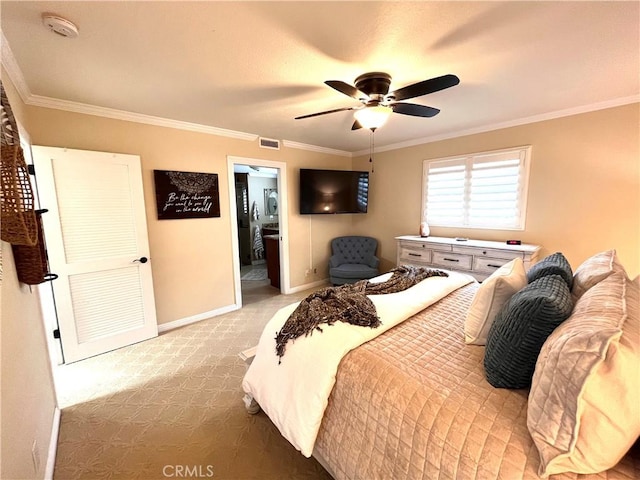 3747 Vista Campana S Unit 7, Oceanside, CA 92057 - bedroom with carpet flooring, baseboards, crown molding, ceiling fan, and connected bathroom