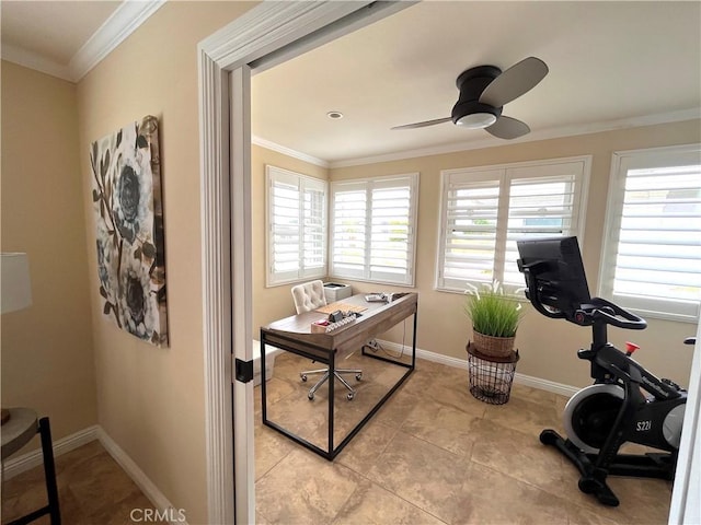 3747 Vista Campana S Unit 7, Oceanside, CA 92057 - exercise area with ceiling fan, crown molding, baseboards, and light tile patterned floors