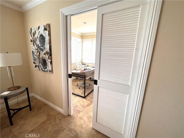 3747 Vista Campana S Unit 7, Oceanside, CA 92057 - hallway featuring crown molding, an office area, baseboards, and light tile patterned floors