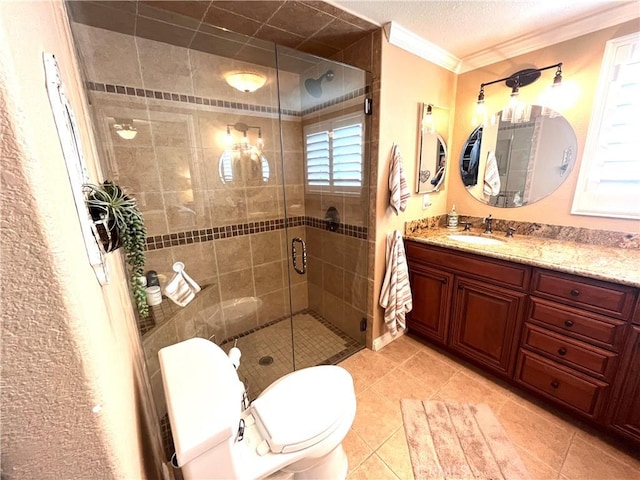 3747 Vista Campana S Unit 7, Oceanside, CA 92057 - full bath featuring ornamental molding, tile patterned flooring, vanity, a stall shower, and toilet