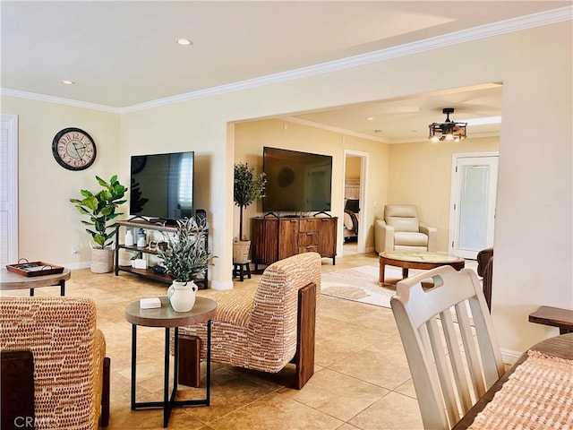 3747 Vista Campana S Unit 7, Oceanside, CA 92057 - living area with crown molding, light tile patterned floors, recessed lighting, and baseboards