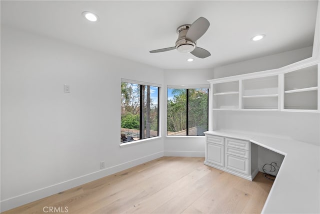 24572 Wembley Cir, Laguna Hills, CA 92653 - unfurnished office with light wood finished floors, recessed lighting, built in study area, baseboards, and a ceiling fan