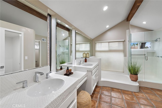 24572 Wembley Cir, Laguna Hills, CA 92653 - full bathroom featuring a stall shower, two vanities, a bath, and recessed lighting