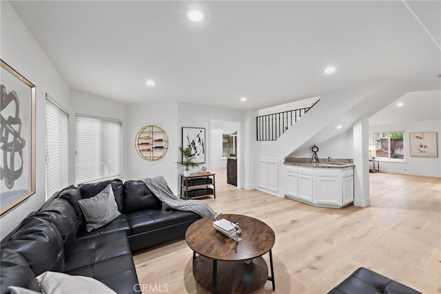 24572 Wembley Cir, Laguna Hills, CA 92653 - living room with light wood-type flooring, recessed lighting, stairway, and baseboards