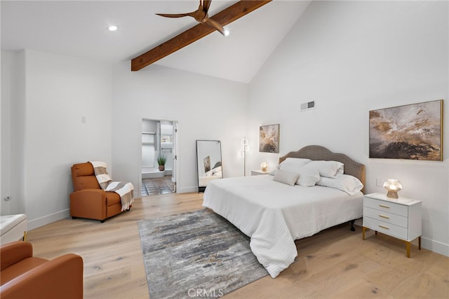 24572 Wembley Cir, Laguna Hills, CA 92653 - bedroom with high vaulted ceiling, light wood-style flooring, beamed ceiling, baseboards, and recessed lighting