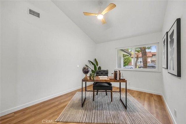 4592 Paloma Ln, Yorba Linda, CA 92886 - office space featuring vaulted ceiling, light wood-type flooring, a ceiling fan, and baseboards