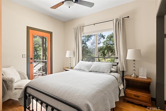 12760 Center Gap Rd, Chico, CA 95928 - bedroom with light wood-style floors, access to exterior, and a ceiling fan