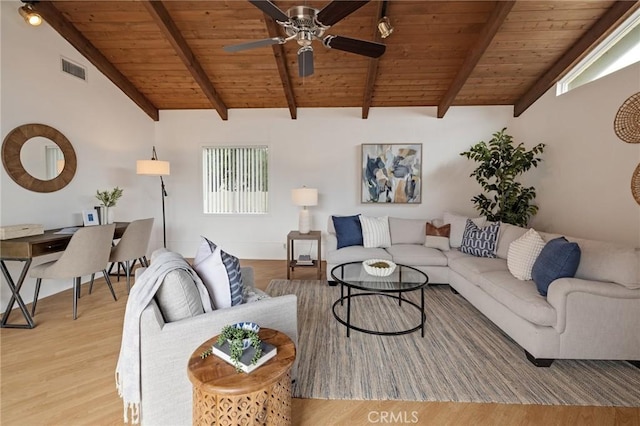 living room with wood ceiling, ceiling fan, and light wood-type flooring