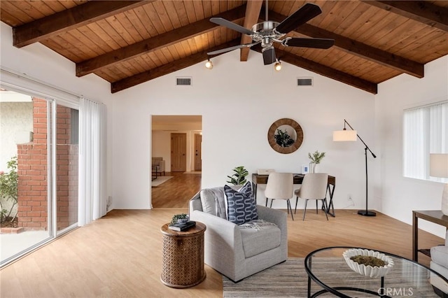 living area featuring wooden ceiling, wood finished floors, healthy amount of natural light, and ceiling fan