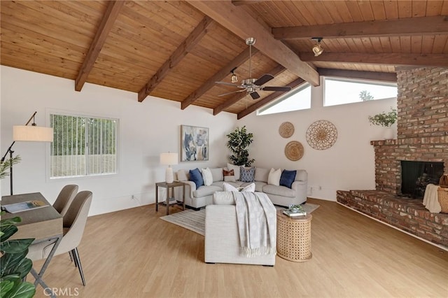 living area with wood ceiling, ceiling fan, wood finished floors, and a fireplace