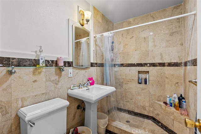 19903 Vanowen St, Winnetka, CA 91306 - bathroom with tiled shower, tile walls, and toilet