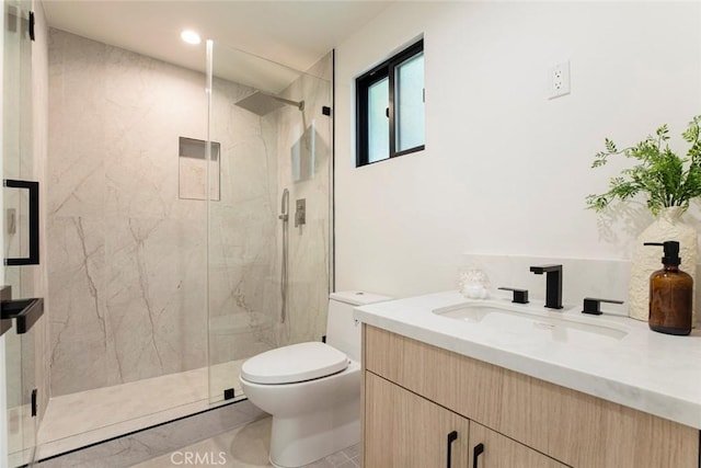 18101 Green Meadow Dr, Encino, CA 91316 - full bathroom with toilet, a marble finish shower, vanity, and tile patterned floors