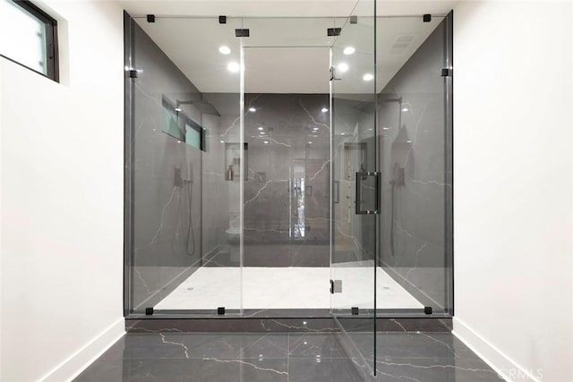 18101 Green Meadow Dr, Encino, CA 91316 - full bathroom with baseboards, marble tiled floors, a marble finish shower, and recessed lighting