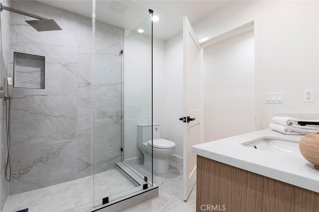 18101 Green Meadow Dr, Encino, CA 91316 - bathroom with a marble finish shower, marble finish floors, toilet, vanity, and recessed lighting