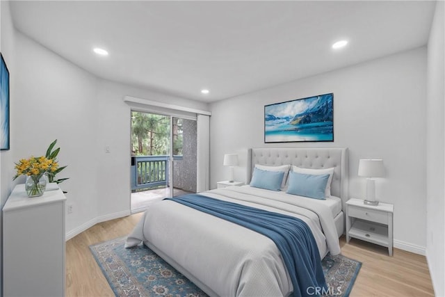 bedroom with access to outside, light wood-style floors, baseboards, and recessed lighting