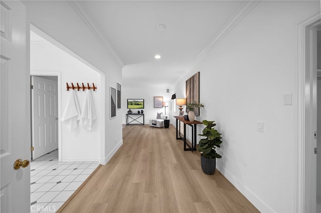 34105 Stage Rd, Temecula, CA 92592 - hall with crown molding, recessed lighting, light wood-type flooring, and baseboards