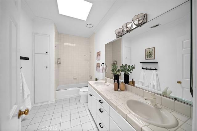 34105 Stage Rd, Temecula, CA 92592 - full bath featuring tile patterned flooring, toilet, double vanity,  shower combination, and crown molding