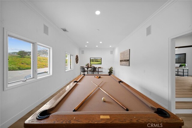 34105 Stage Rd, Temecula, CA 92592 - rec room with crown molding, billiards table, baseboards, and recessed lighting