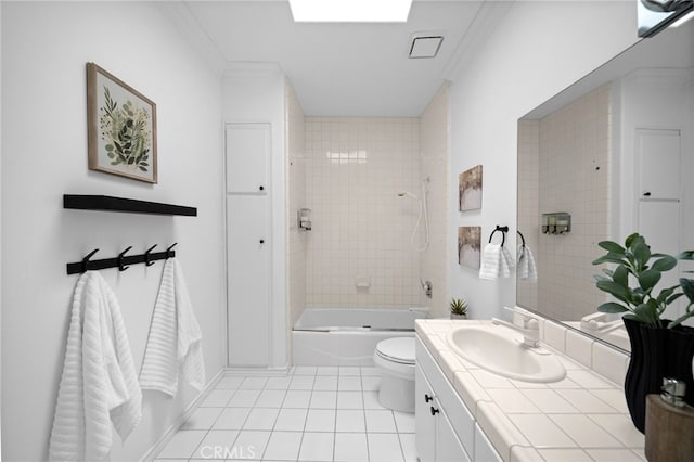 34105 Stage Rd, Temecula, CA 92592 - bathroom featuring tile patterned flooring, toilet, vanity, ornamental molding, and shower / tub combination