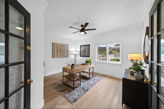 34105 Stage Rd, Temecula, CA 92592 - office with crown molding, wood finished floors, baseboards, and ceiling fan