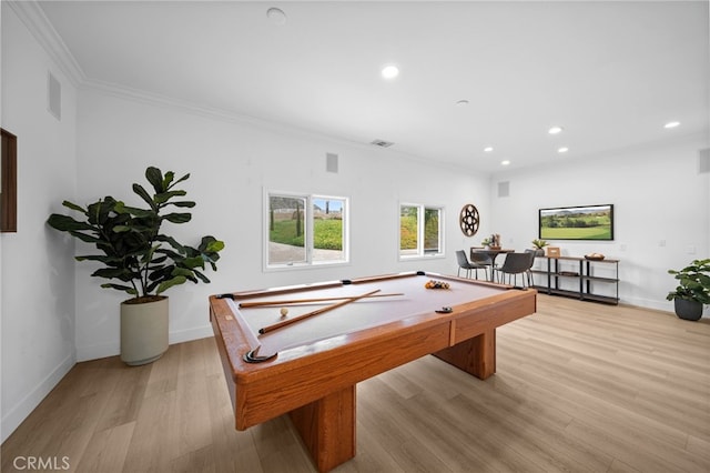 34105 Stage Rd, Temecula, CA 92592 - game room featuring ornamental molding, recessed lighting, light wood-type flooring, billiards, and baseboards