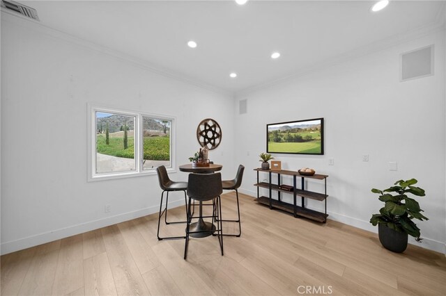 34105 Stage Rd, Temecula, CA 92592 - dining space featuring ornamental molding, recessed lighting, light wood-style floors, and baseboards
