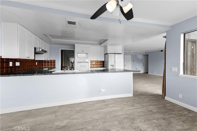 22244 Croll Ct, Diamond Bar, CA 91765 - kitchen with a raised ceiling, under cabinet range hood, white appliances, crown molding, and a peninsula