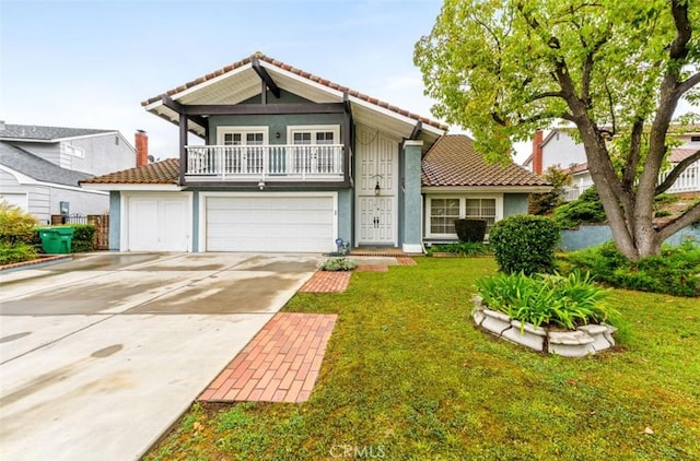 22244 Croll Ct, Diamond Bar, CA 91765 - view of front of property featuring a tile roof, a balcony, driveway, a front yard, and stucco siding