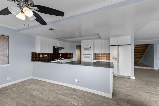 22244 Croll Ct, Diamond Bar, CA 91765 - kitchen featuring white appliances, a tray ceiling, a sink, decorative backsplash, and ornamental molding