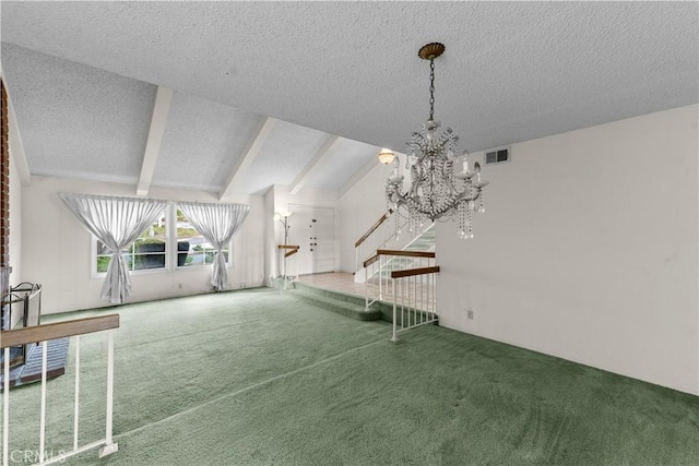 22244 Croll Ct, Diamond Bar, CA 91765 - unfurnished living room with a textured ceiling, carpet floors, a chandelier, and beam ceiling