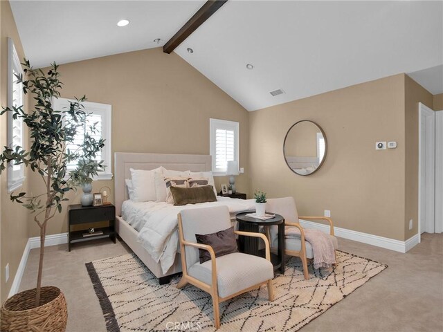 bedroom featuring light colored carpet, beamed ceiling, baseboards, recessed lighting, and high vaulted ceiling