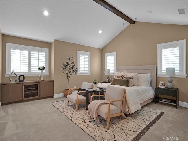 bedroom with light colored carpet, recessed lighting, and baseboards