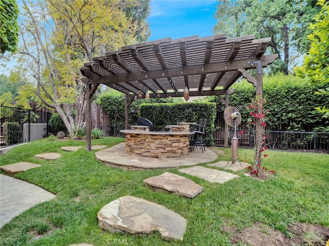 view of yard with a pergola and a patio