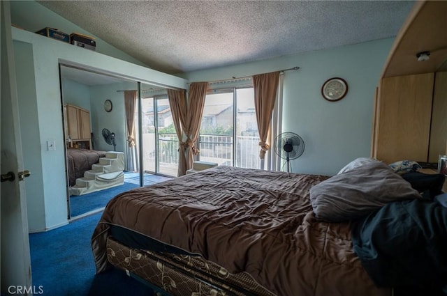13117 Pan Am Blvd, Moreno Valley, CA 92553 - bedroom with access to exterior, carpet floors, a textured ceiling, and vaulted ceiling