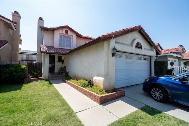 13117 Pan Am Blvd, Moreno Valley, CA 92553 - mediterranean / spanish-style house featuring an attached garage, driveway, stucco siding, a front lawn, and a tile roof