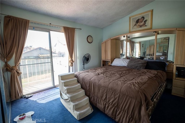 13117 Pan Am Blvd, Moreno Valley, CA 92553 - bedroom with access to outside, carpet flooring, a textured ceiling, multiple windows, and lofted ceiling
