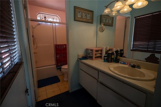 13117 Pan Am Blvd, Moreno Valley, CA 92553 - full bath with toilet, vanity, bath / shower combo with glass door, and a chandelier
