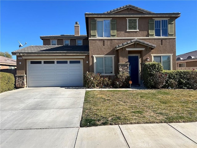 39426 Oxford Rd, Palmdale, CA 93551 - view of front of house with stucco siding, driveway, an attached garage, a front yard, and a tile roof