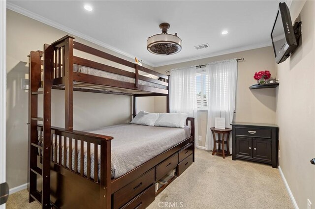 13545 Anchor Dr, Victorville, CA 92395 - bedroom featuring light carpet, baseboards, ornamental molding, and recessed lighting