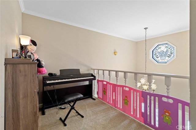 13545 Anchor Dr, Victorville, CA 92395 - carpeted home office featuring crown molding and a chandelier