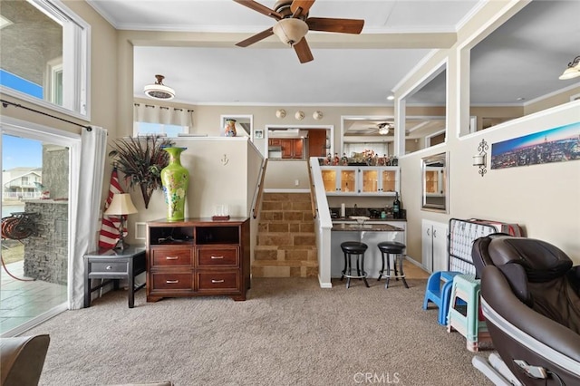 13545 Anchor Dr, Victorville, CA 92395 - carpeted office space featuring ceiling fan, bar area, and ornamental molding