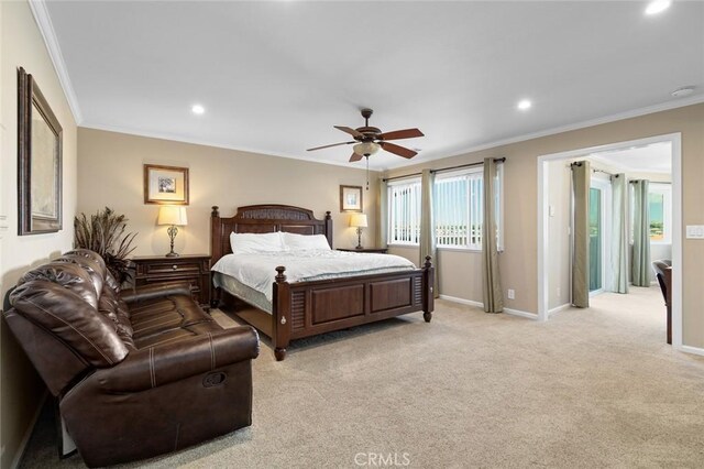 13545 Anchor Dr, Victorville, CA 92395 - bedroom featuring ornamental molding, recessed lighting, baseboards, light colored carpet, and a ceiling fan