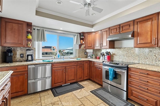 13545 Anchor Dr, Victorville, CA 92395 - kitchen with open shelves, under cabinet range hood, appliances with stainless steel finishes, a tray ceiling, and crown molding
