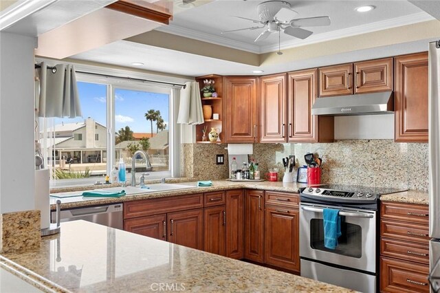 13545 Anchor Dr, Victorville, CA 92395 - kitchen featuring appliances with stainless steel finishes, under cabinet range hood, a sink, crown molding, and brown cabinetry
